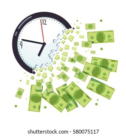 Time Is Money Concept. Clock Breaking Apart In Cash Chunks. Dollar Banknotes Falling And Flying Away. Business Project Deadline Due Date. Flat Style Vector Illustration Isolated On White Background.