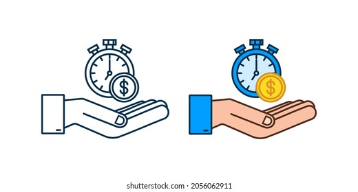 Time is money concept, clock and coin in hands, long term financial investment. Vector illustration.