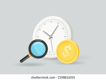 Zeit ist Geldkonzept mit Uhr, Münze und Lupe. 3D-Vektorgrafik