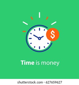 Time is money concept, clock and coin, long term financial investment, superannuation savings, future income, annual revenue, money profit and benefit, vector flat line icon