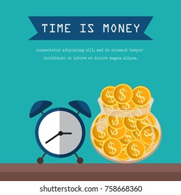 Time is money concept. clock and coin jar vector illustration.