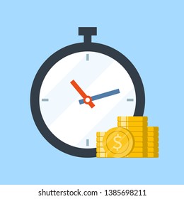 Time is money concept, clock and coins, income, annual revenue, money profit and benefit, vector flat icon.