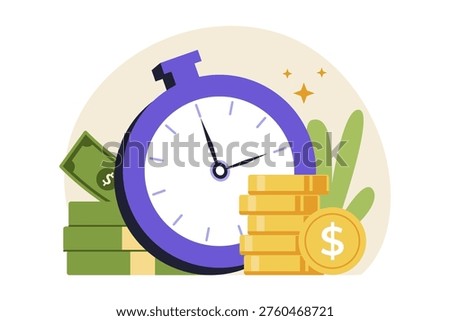 Time is Money Concept with Clock and Coins. A large purple stopwatch next to stacks of gold coins and banknotes, illustrating the value of time in investment, compounding interest, and productivity