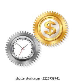 Time is money concept. Clock and dollar with gears. Payment work in hour. Symbol of budget, investment mechanism, capital, beneficial deposit. Vector illustration.