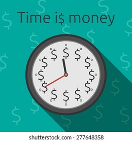 Time is money concept. Clock with dollar signs instead of digits and text with dollar sign instead of "s". EPS 10 vector illustration, no transparency