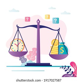 Time is money concept. Clock and money on balance scales. Gold coins and watches on libra. Annual revenue, financial investment, future income. Balancing time and cash. Flat vector illustration