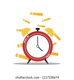 Time is money concept. Clok and Time is money concept. Clok and Flying golden coins with Mutual fund, Income increase, financial strategy performance, credit money, flat icon, Vector illustration