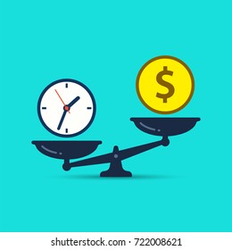 Time is money concept. Clok and money symbols on scale. Vector illustration.