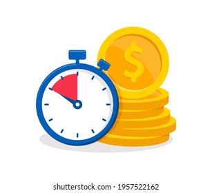 Time is money concept with coins stack and stopwatch. Quick loan. Time money saving. Timer and finance. Quick money. Vector illustration in flat style.