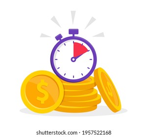 Time is money concept with coins stack and stopwatch. Quick loan. Time money saving. Timer and finance. Quick money. Vector illustration in flat style.