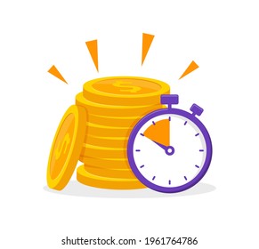 Time is money concept with coins stack and stopwatch. Quick loan. Time money saving. Timer and finance. Quick money. Vector illustration in flat style.