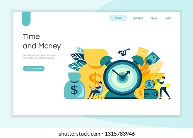 Time And Money Concept Design With Mini People Use For Banner, Background, Poster, Wallpaper And Landing Page Website - Vector Illustration