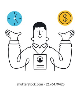 Time and Money. Concept of fair salary, value for money, well-paid working hours. Outline, linear, thin line, doodle art. Simple style with editable stroke.