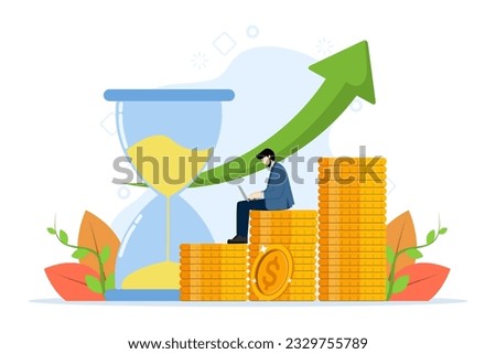 Time is money concept, financial investment fund, income increase, income growth, pile of hourglass and coins, budget planning, retirement savings, businessman sitting on pile of coins.