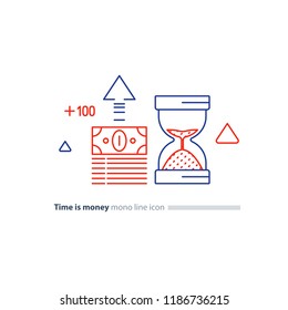 Time is money concept, financial long term investment plan, budget management, fund rising, asset growth, income increase, cash bills bundle, compound interest, vector mono line icons