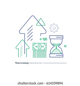 Time Is Money Concept, Financial Long Term Investment Plan, Budget Management, Fund Rising, Asset Growth, Income Increase, Cash Bills Bundle, Compound Interest, Vector Mono Line Icons