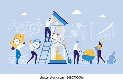 Time Is Money Concept Flat Cartoon Vector Illustration. People Bringing Clocks To Hourglass, Watch Is Transformed Into Income. Character Collecting Money And Woman Counting. Time Management.