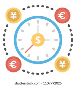 
Time is money concept flat design icon representation via different currencies symbol on a clock.
