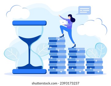 El tiempo es el concepto de dinero la ilustración vectorial de estilo plano. Negocios y gestión, Aprovechando al máximo el tiempo, Trabajar activamente para los ingresos futuros, Planificación de la gestión del tiempo, Plazos.