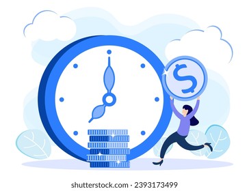 El tiempo es el concepto de dinero la ilustración vectorial de estilo plano. Negocios y gestión, Aprovechando al máximo el tiempo, Trabajar activamente para los ingresos futuros, Planificación de la gestión del tiempo, Plazos.