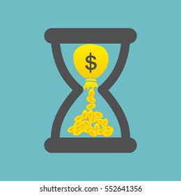 Time is Money concept with golden coins and bag of money in a hourglass. Vector illustration