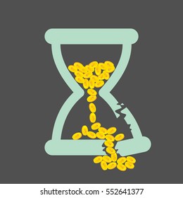 Time is Money concept with golden coins in a broken hourglass. vector illustration.