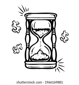 time is money concept, hand drawn illustration vector hourglass and money