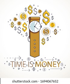 Time is money concept, hand watch and dollar icons set, wristwatch timer deadline allegory, vector design.