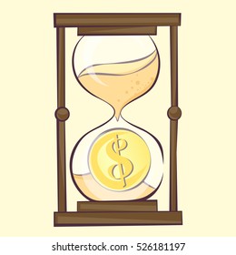 Time is money concept, hourglass cartoon illustration with dollar. Sandglass, retro style, vector image