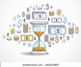 Time is money concept, hourglass and dollar icons set, sand watch timer deadline allegory, vector design.