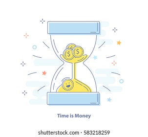 Time is money concept. Hourglass and funny coins inside. Flat line vector illustration. 
