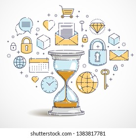 Time is money concept, hourglass icons set, sand watch timer deadline allegory, vector design.