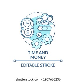 Icono de concepto de tiempo y dinero. Ilustración de línea delgada de idea de diseño conjunto. Invertir en enfoques. Pagando a la gente por el tiempo y cualquier gasto. Dibujo de color RGB con contorno aislado del vector. Trazo editable