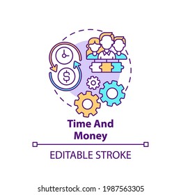 Time and money concept icon. Co-design idea thin line illustration. Investing in approaches. Stabilizing finances and boosting productivity. Vector isolated outline RGB color drawing. Editable stroke