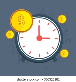 Time is Money concept with illustration of a clock and dollar coins for Business.