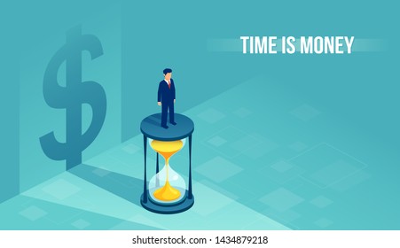 Time is money concept. Isometric vector of a businessman standing on hourglass with shadow of a dollar sign on the background 