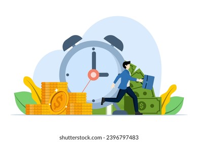 el tiempo es concepto de dinero. Falta de tiempo o falta de tiempo. inversiones a corto y largo plazo. Empresario caminando entre billetes de reloj y de dólar. ilustración vectorial plana sobre fondo blanco.