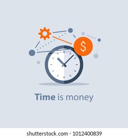 Time is money concept, long term investment, financial future planning, pension savings fund, finance solutions, payment deadline, time management, vector icon, flat design illustration