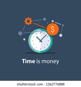 Time is money concept, long term investment, financial future planning, pension savings fund, finance solutions, payment deadline, time management, vector icon, flat design illustration