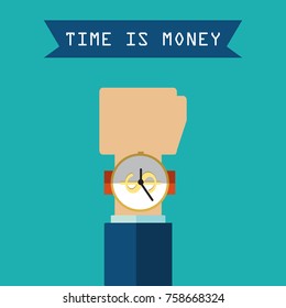 Time is money concept. Man arm wearing coin watch vector illustration.