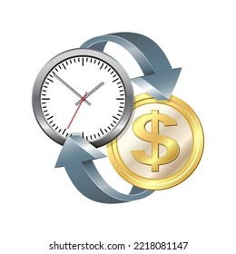 Time is money concept, office clock with dollar coin realistic icon and arrows. Vector illustration Isolated on white background