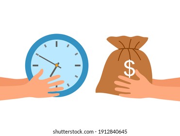 Time is money concept on white background. Hand holding clock and a bag of money for exchange in flat design. Sell your time for salary or wages. 