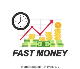 Time is money concept. Quick money. Stopwatch and portfolio performance graph. Revenue increase chart, business growth, return on investment, fast loan, financial success. Timer, watch and finance.