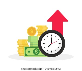 El tiempo es concepto de dinero. Dinero rápido. Gráfica de rendimiento de la cartera y de Stopwatch. Gráfico de aumento de ingresos, crecimiento del negocio, rendimiento de la inversión, préstamos rápidos, éxito financiero. Cronómetro, vigilancia y finanzas.