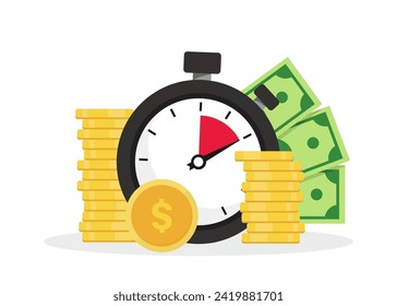 Time is money concept. Quick money. Stopwatch and portfolio performance graph. Revenue increase chart, business growth, return on investment, fast loan, financial success. Timer, watch and finance.