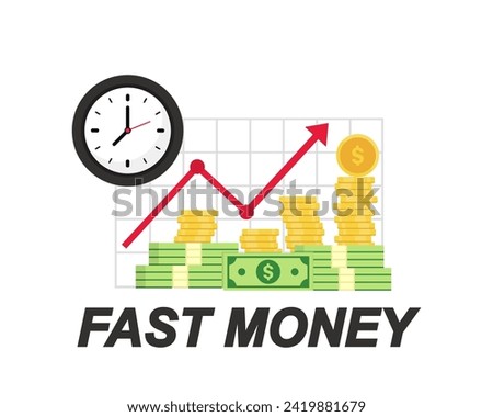 Time is money concept. Quick money. Stopwatch and portfolio performance graph. Revenue increase chart, business growth, return on investment, fast loan, financial success. Timer, watch and finance.