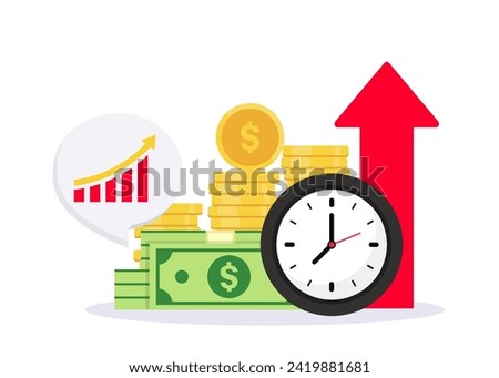Time is money concept. Quick money. Stopwatch and portfolio performance graph. Revenue increase chart, business growth, return on investment, fast loan, financial success. Timer, watch and finance.