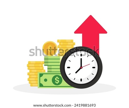 Time is money concept. Quick money. Stopwatch and portfolio performance graph. Revenue increase chart, business growth, return on investment, fast loan, financial success. Timer, watch and finance.