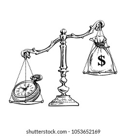 Time is money concept. Sack of dollars and old pocket watch balance on the scale. Retro stile sketch vector illustration isolated on white background. Time is more precious than money.