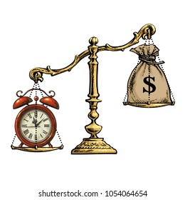 Time is money concept. Sack of dollars and  old alarm clock balance on the scale. Retro stile sketch vector illustration isolated on white background.Time is more precious than money.